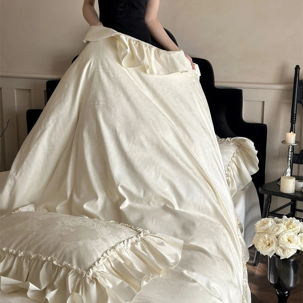 Dames Beddengoedset Romantisch Jacquard Borduur met Chiffon Ruches 3