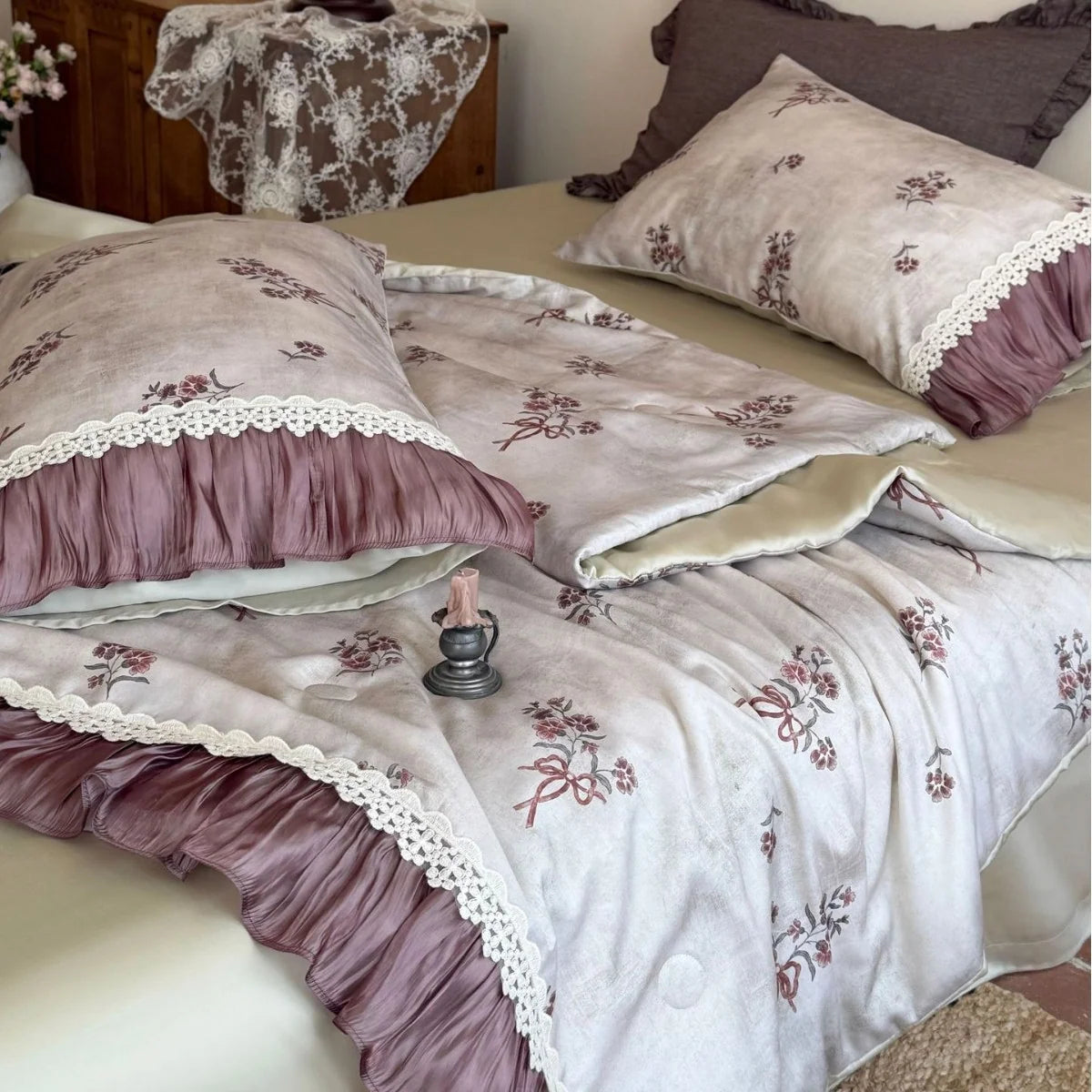 Dames Beddengoedset Vintage Bloemen Ruches 2