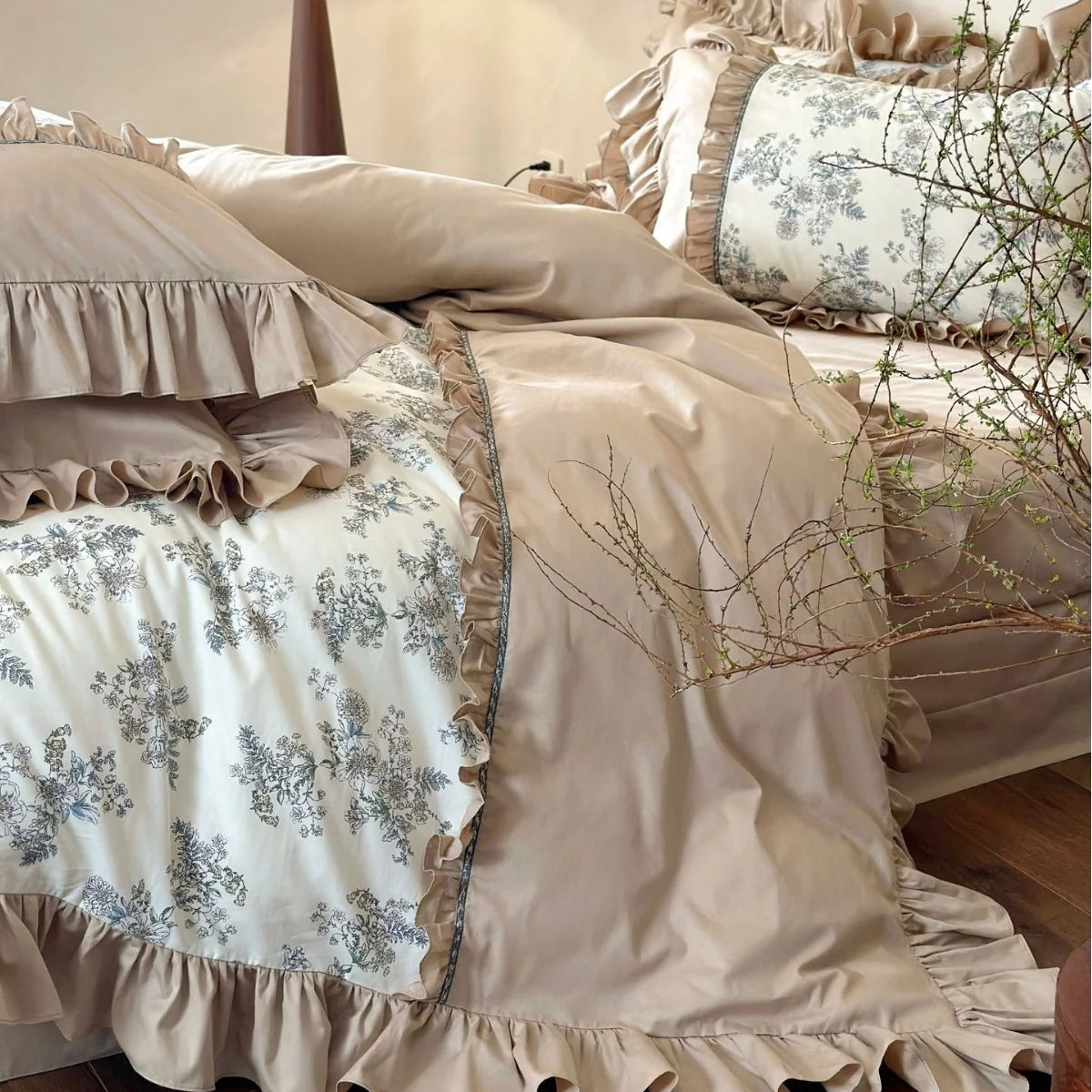 Dames Beddengoedset Vintage Bloemenpatroon Ruches 1