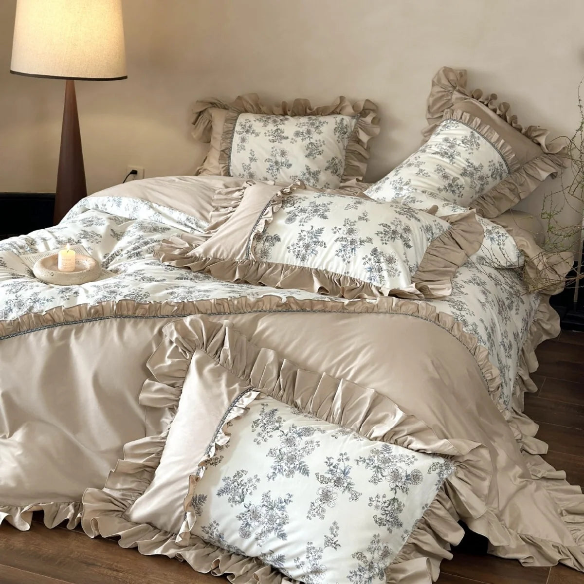 Dames Beddengoedset Vintage Bloemenpatroon Ruches 2
