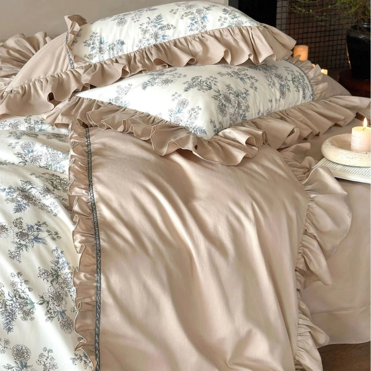 Dames Beddengoedset Vintage Bloemenpatroon Ruches 4