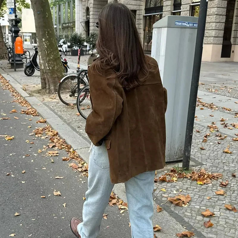 Dames Blazer Jas Bruin Met Cropped Pasvorm 4