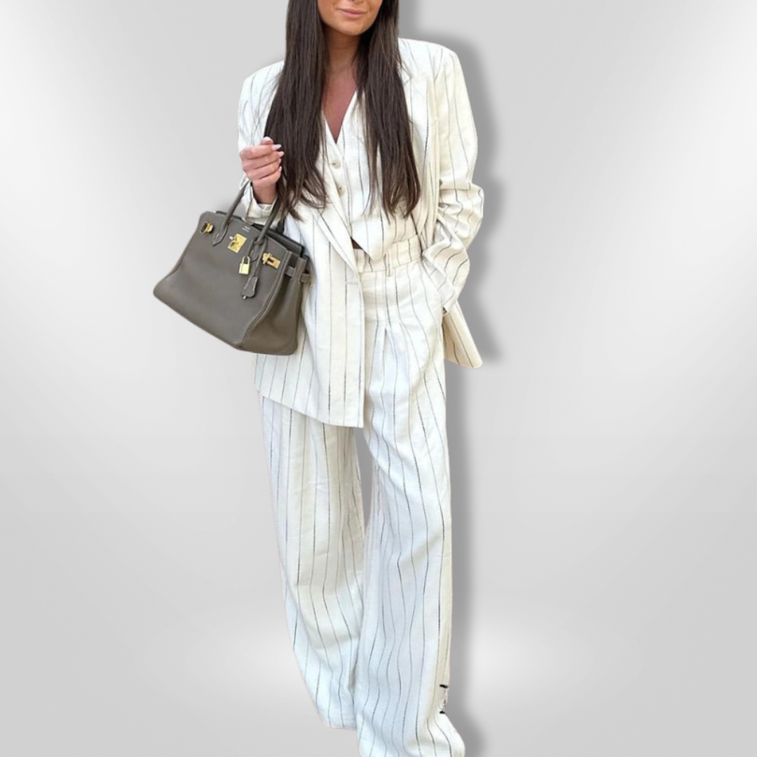 Dames Blazer en Broek Set met Fijn Gestreept Design 1