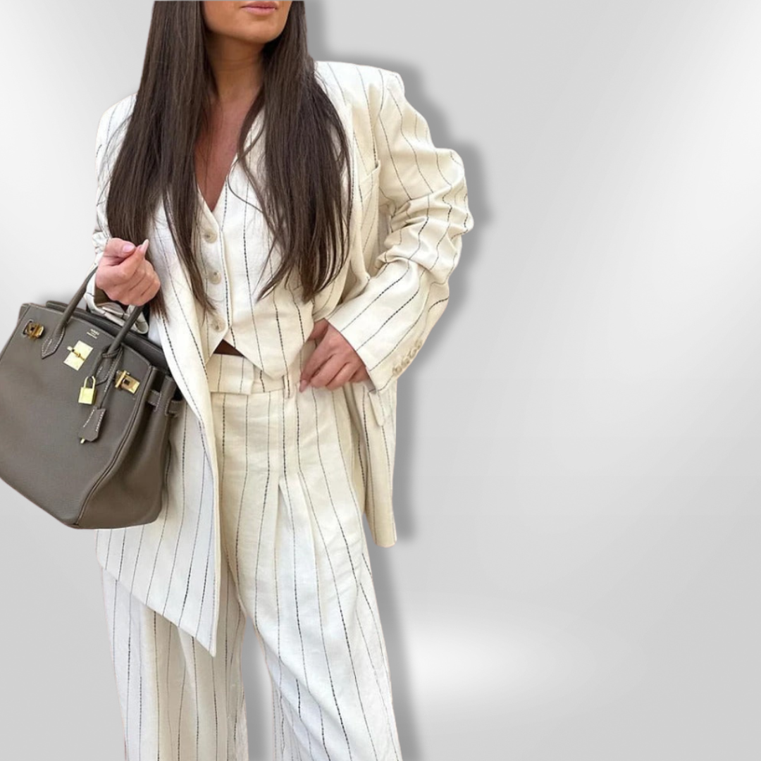 Dames Blazer en Broek Set met Fijn Gestreept Design 2