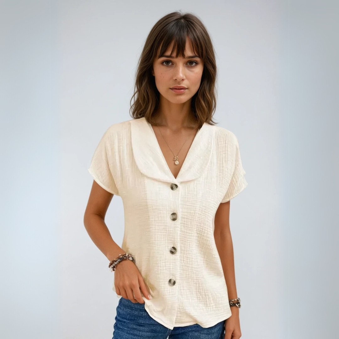Dames Blouse Gedrapeerde Kraag en Knopen Zachte Ademend Stoffen Relaxed Fit 1