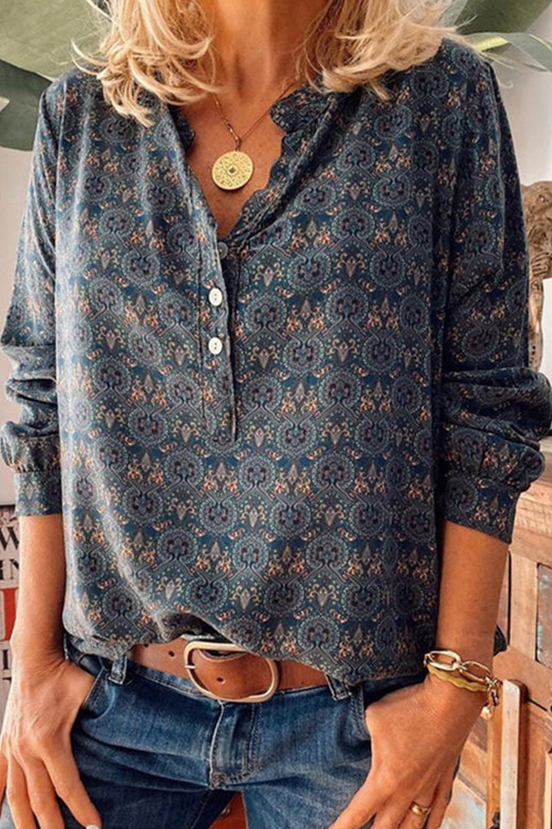Dames Blouse Met Allover Print En Cutout Halslijn 0