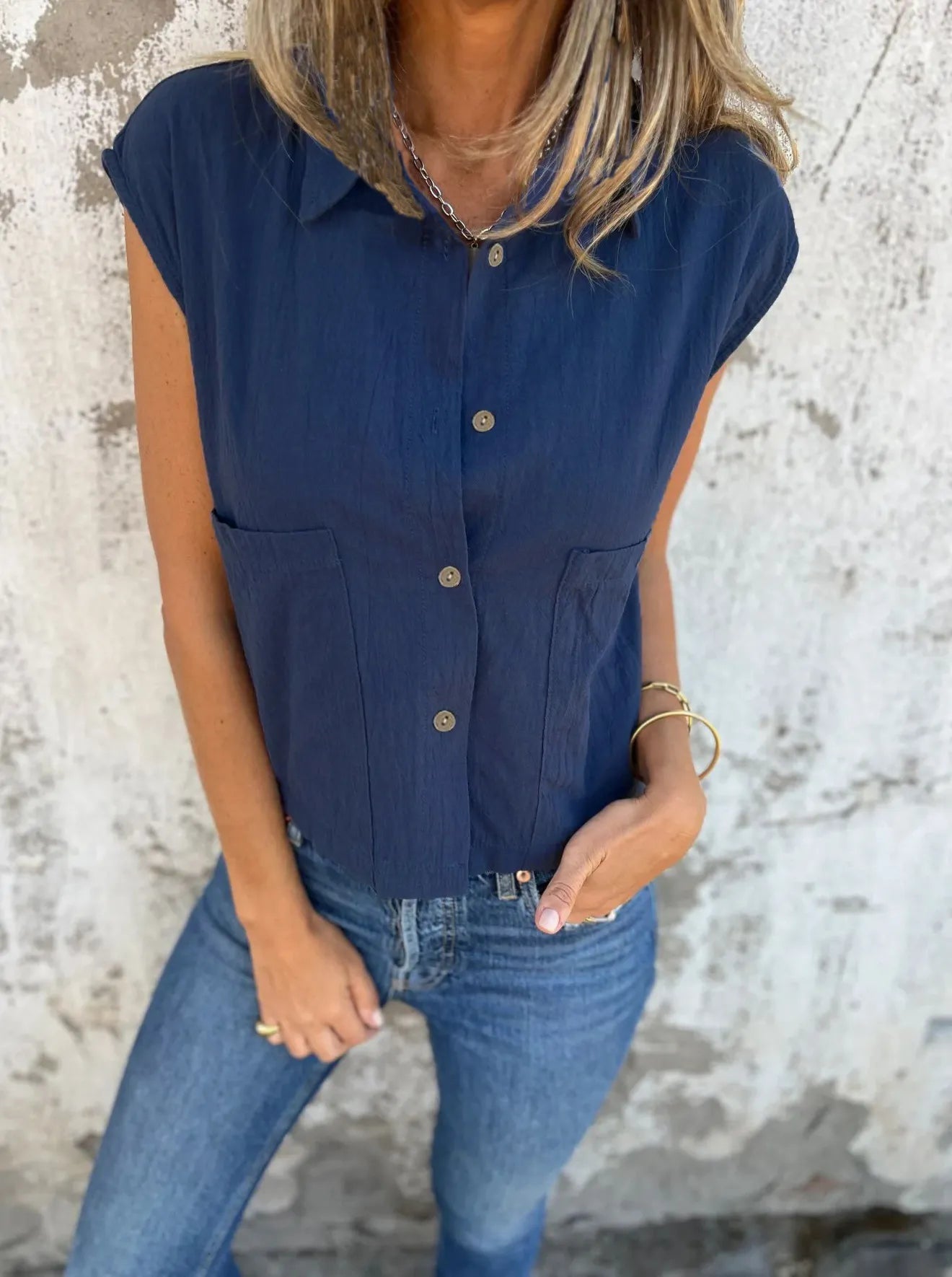 Dames Blouse Met Knoopsluiting Linnen Cap Sleeves 10