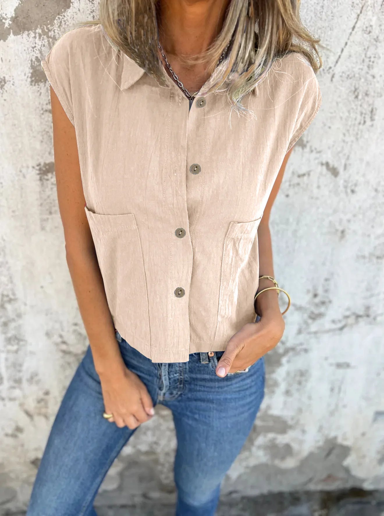 Dames Blouse Met Knoopsluiting Linnen Cap Sleeves 11
