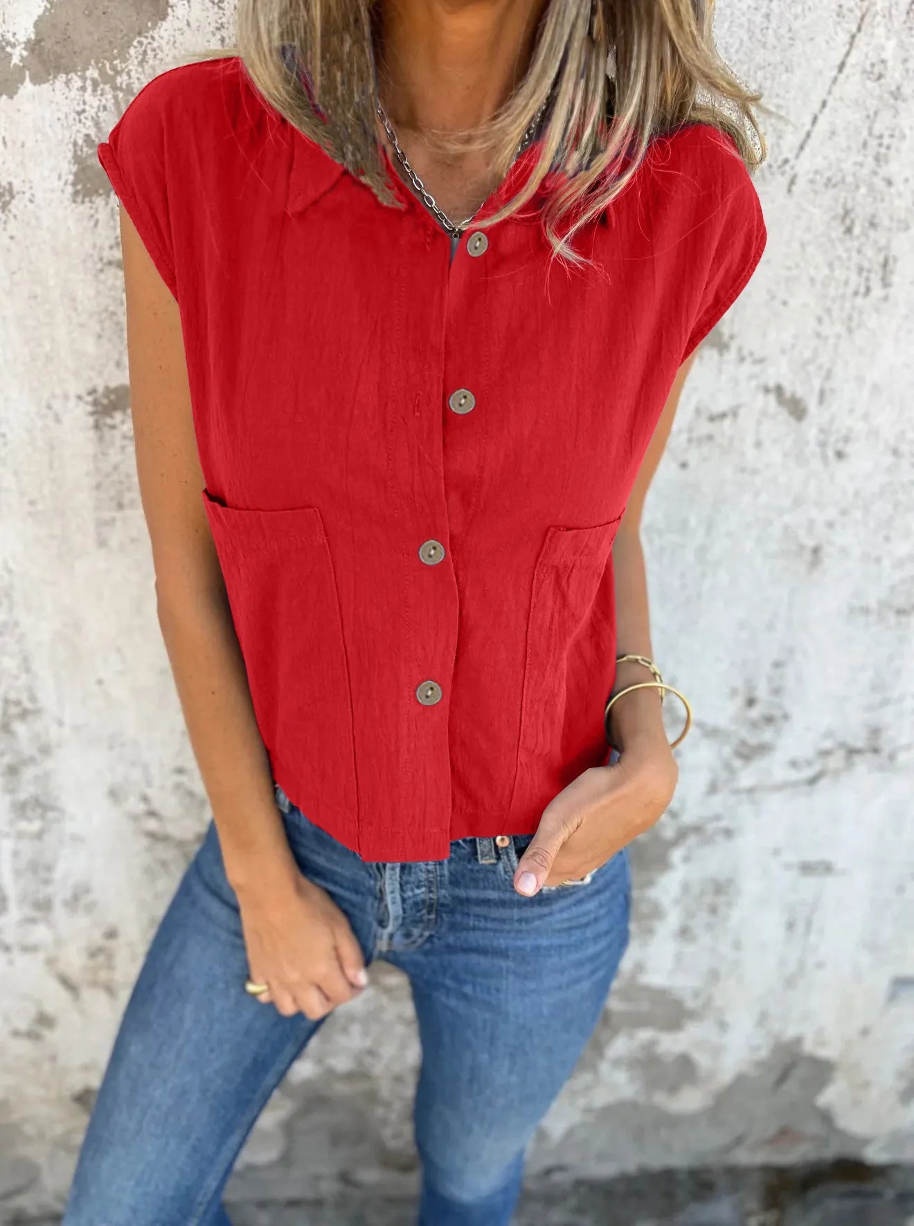Dames Blouse Met Knoopsluiting Linnen Cap Sleeves 3