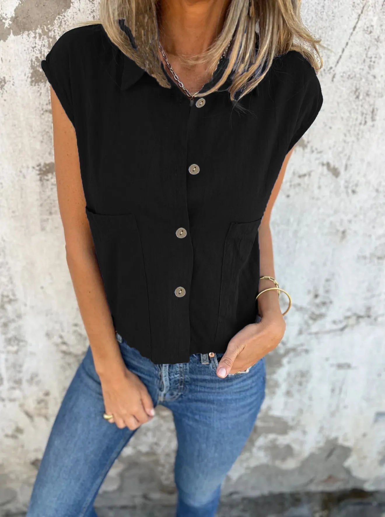 Dames Blouse Met Knoopsluiting Linnen Cap Sleeves 6