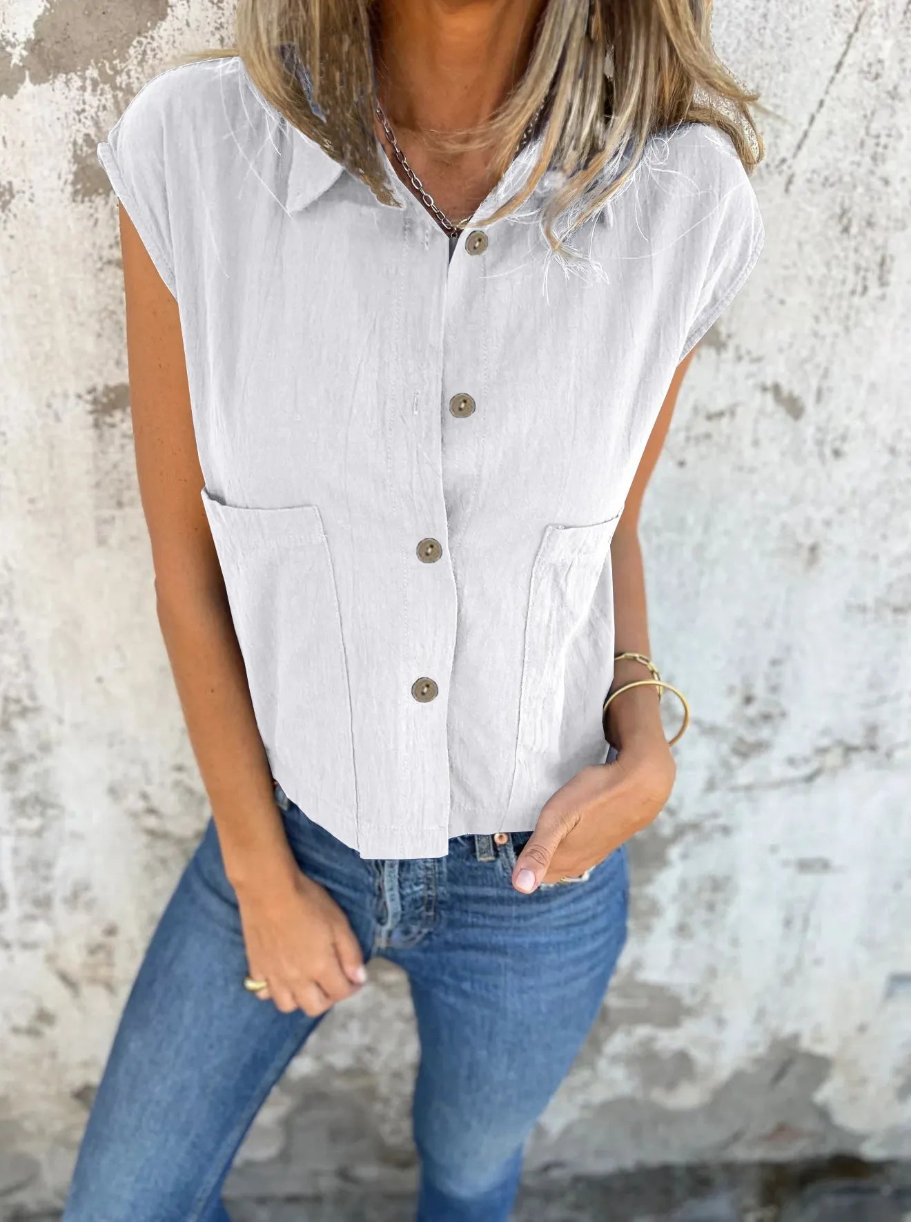 Dames Blouse Met Knoopsluiting Linnen Cap Sleeves 9