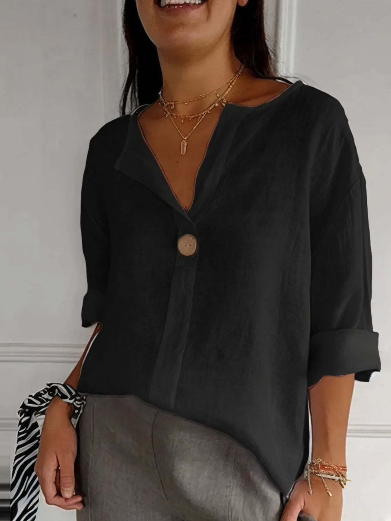 Dames Blouse Notch Kraag Ademend Linnenmix 3