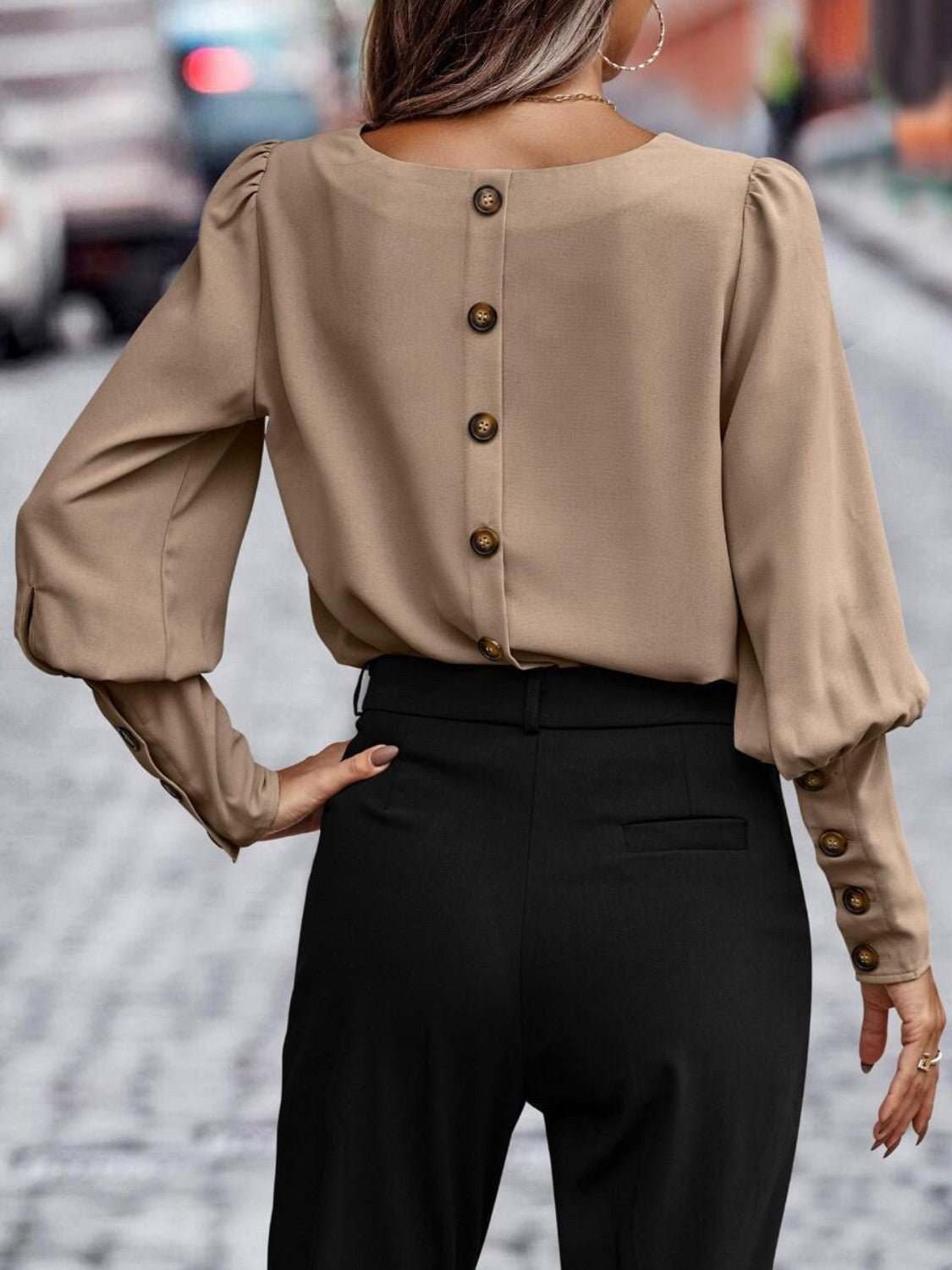 Dames Blouse met Ronde Hals en Lantaarnmouwen van Polyester 5