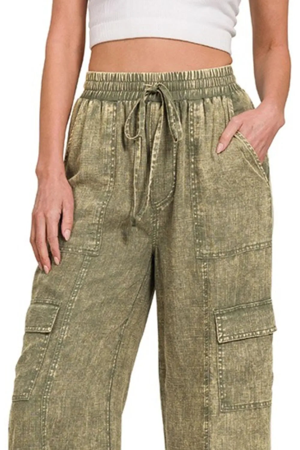 Dames Cargo Broek Gewassen Linnen Met Elastische Tailleband 1