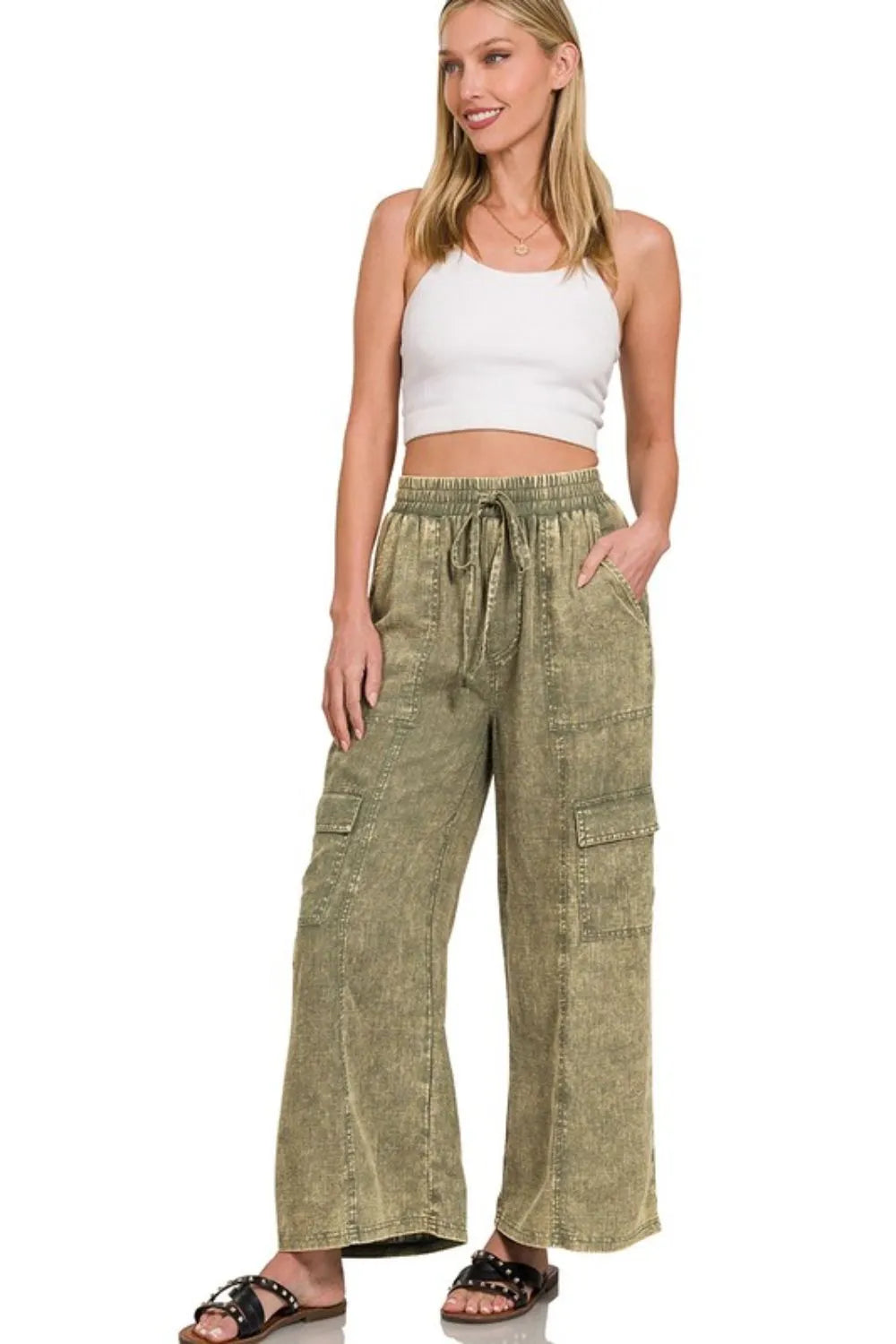 Dames Cargo Broek Gewassen Linnen Met Elastische Tailleband 2