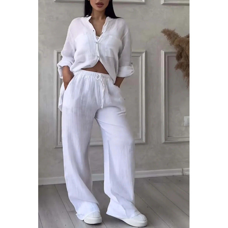 Dames Comfy Two Piece Set Linnenmix Met Wijde Pijpen En Knoopsluiting 10