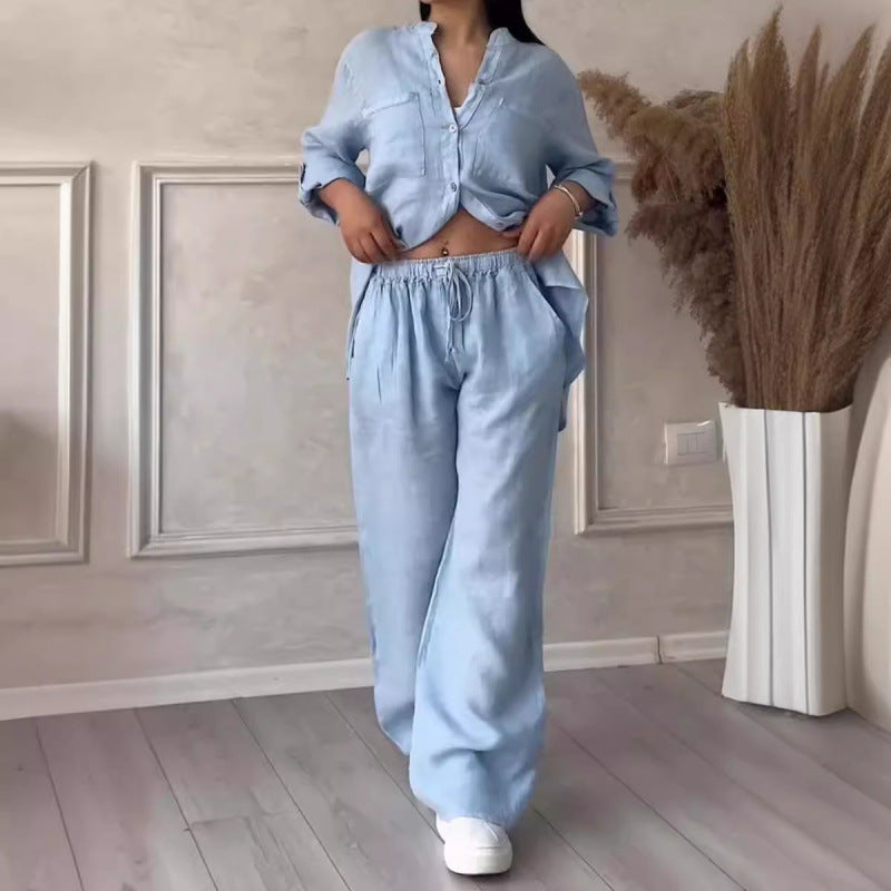 Dames Comfy Two Piece Set Linnenmix Met Wijde Pijpen En Knoopsluiting 4