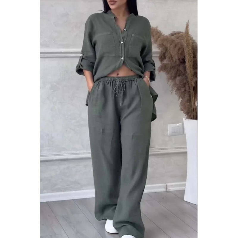 Dames Comfy Two Piece Set Linnenmix Met Wijde Pijpen En Knoopsluiting 9