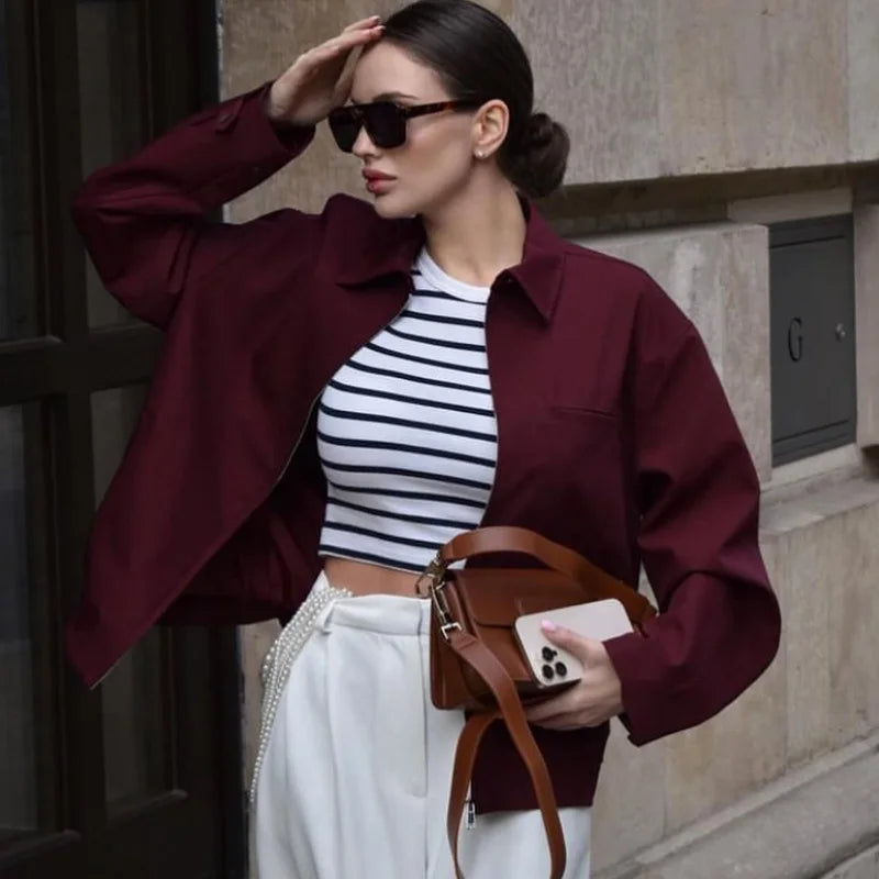 Dames Cropped Bomberjack met Lange Mouwen en Moderne Pasvorm 1