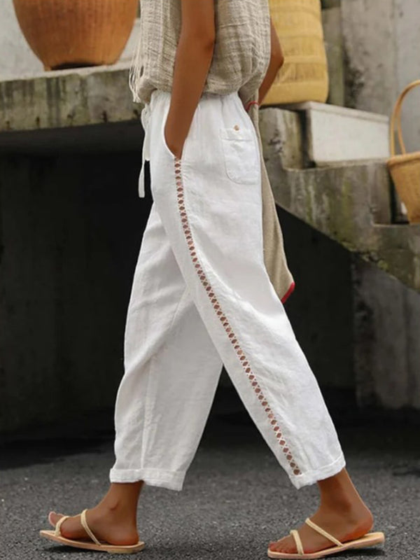 Dames Cropped Broek van Katoen en Linnen met Stiksels 0