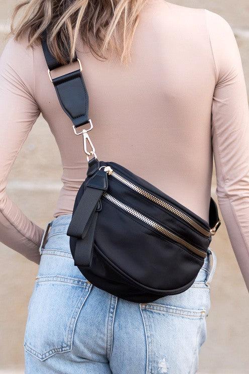 Dames Crossbody Tas Dubbele Rits Nylon Met Vegan Leren Accenten 4