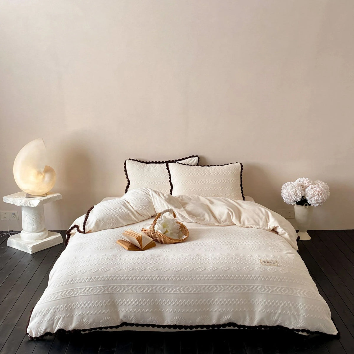 Dames Dekbedovertrekset Jacquard Textuur met Pomponrand 0