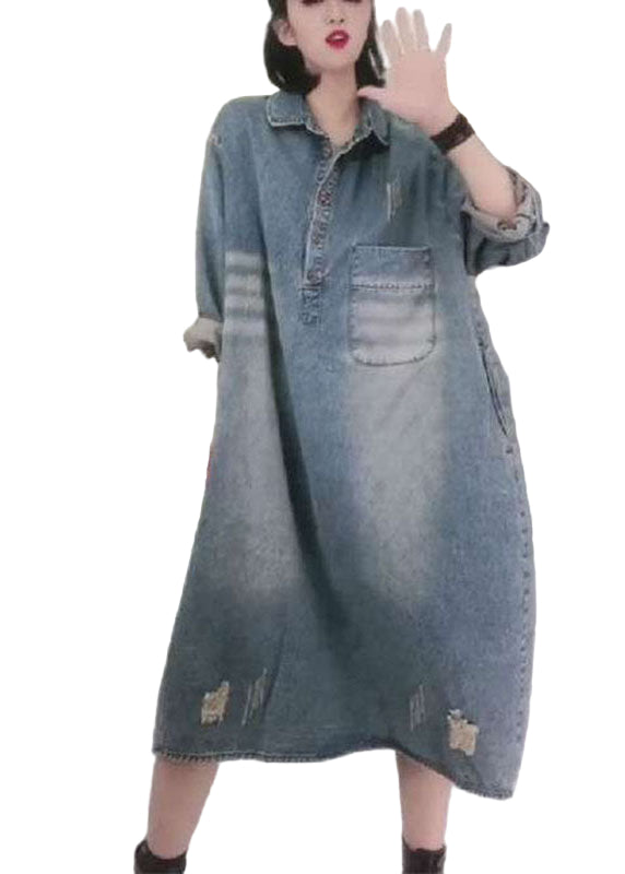Dames Denim Feestjurk met Lange Mouwen en PeterPan-kraag 0