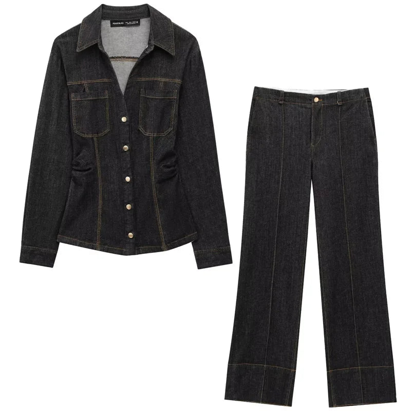 Dames Denim Tweedelig Set met Lange Mouwen en Flared Broek 5