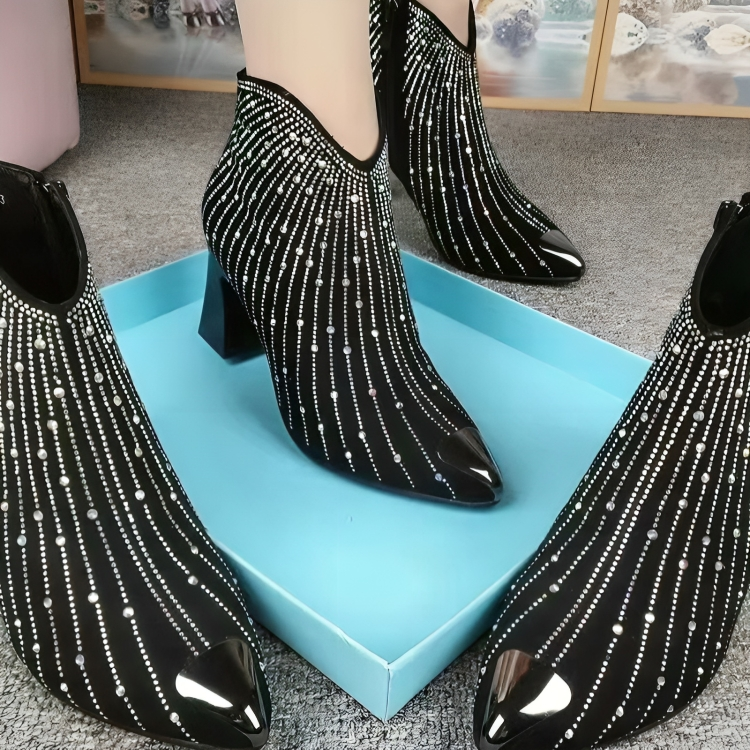 Dames Enkellaarsjes Met Rits Puntige Neus Versierd Met Rhinestones 6,5 Cm Hak 1