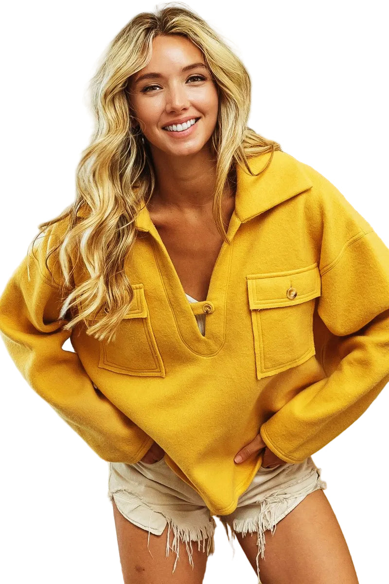Dames Fleece Sweatshirt met Kraag en Flapzakken 0