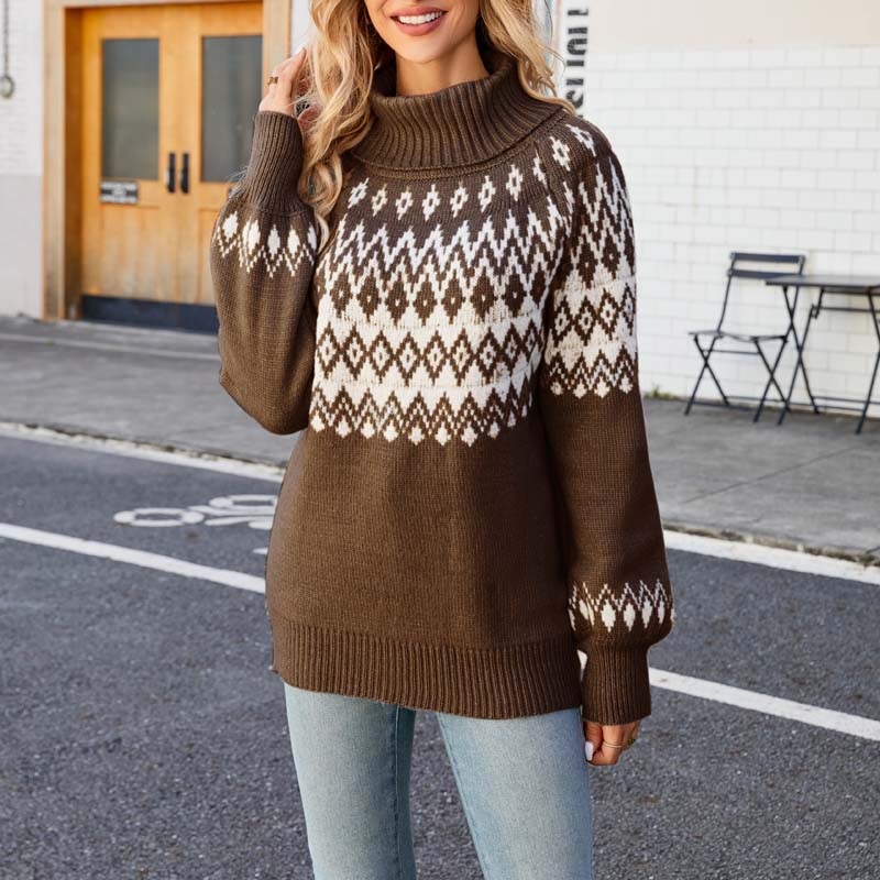Dames Gebreide Trui met Hoge Kraag en Geometrisch Patroon 10