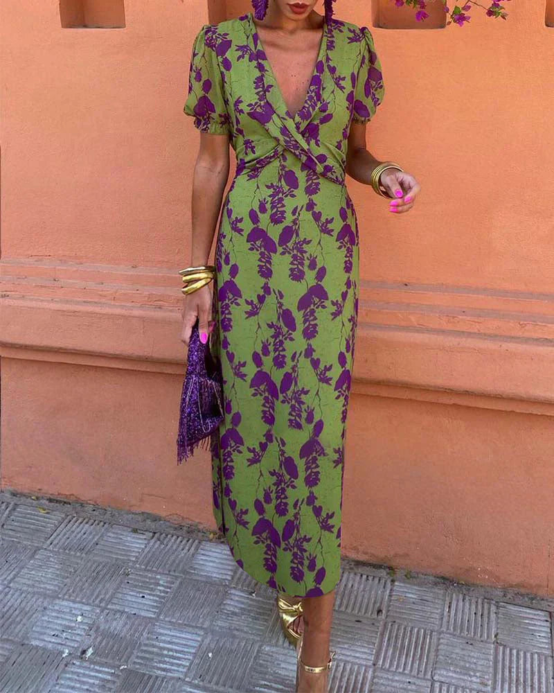Dames Geprinte Jurk Korte Mouw Casual Katoen-Polyester voor Feestelijke en Zomer Kleding 6