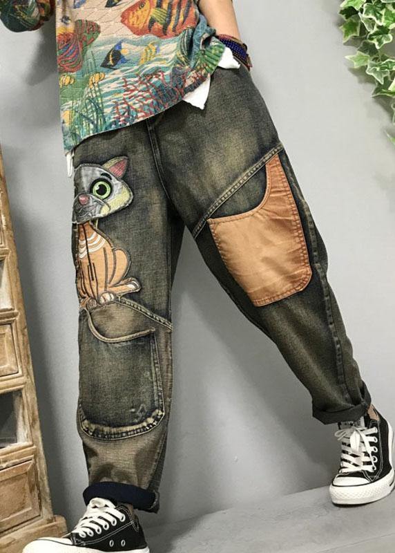 Dames Harem Jeans met Cat Borduursel en Patchwork 1