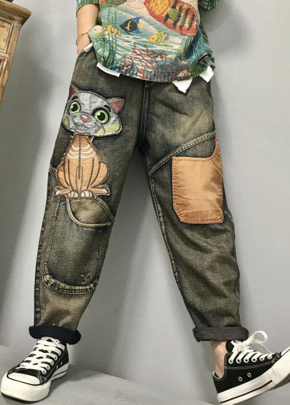 Dames Harem Jeans met Cat Borduursel en Patchwork 2