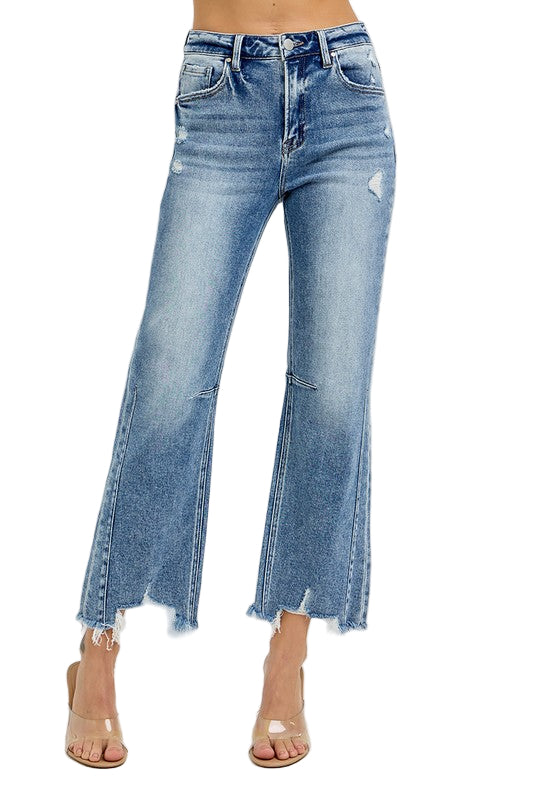 Dames Hoge Taille Crop Straight Jeans Met Verweerde Zoom 0