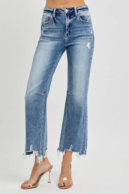Dames Hoge Taille Crop Straight Jeans Met Verweerde Zoom 1