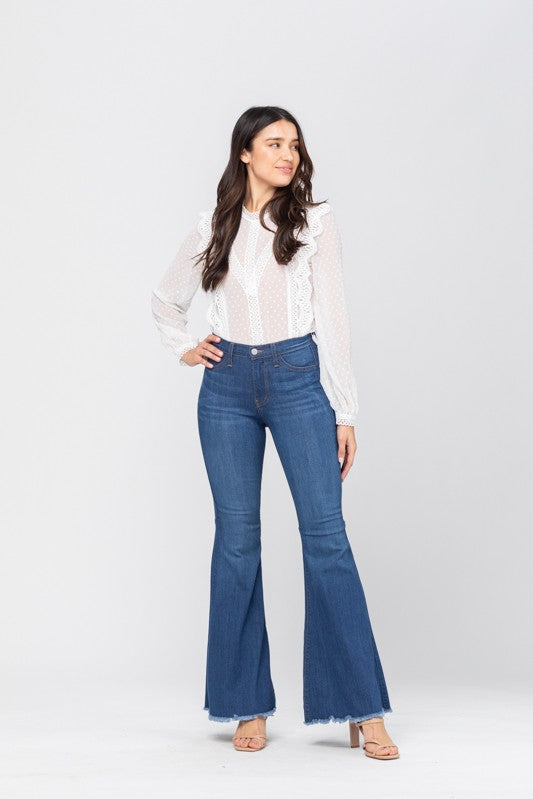 Dames Hoge Taille Flared Jeans Denim Medium Blauw 1