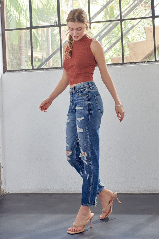Dames Hoge Taille Mom Fit Denim Jeans 2