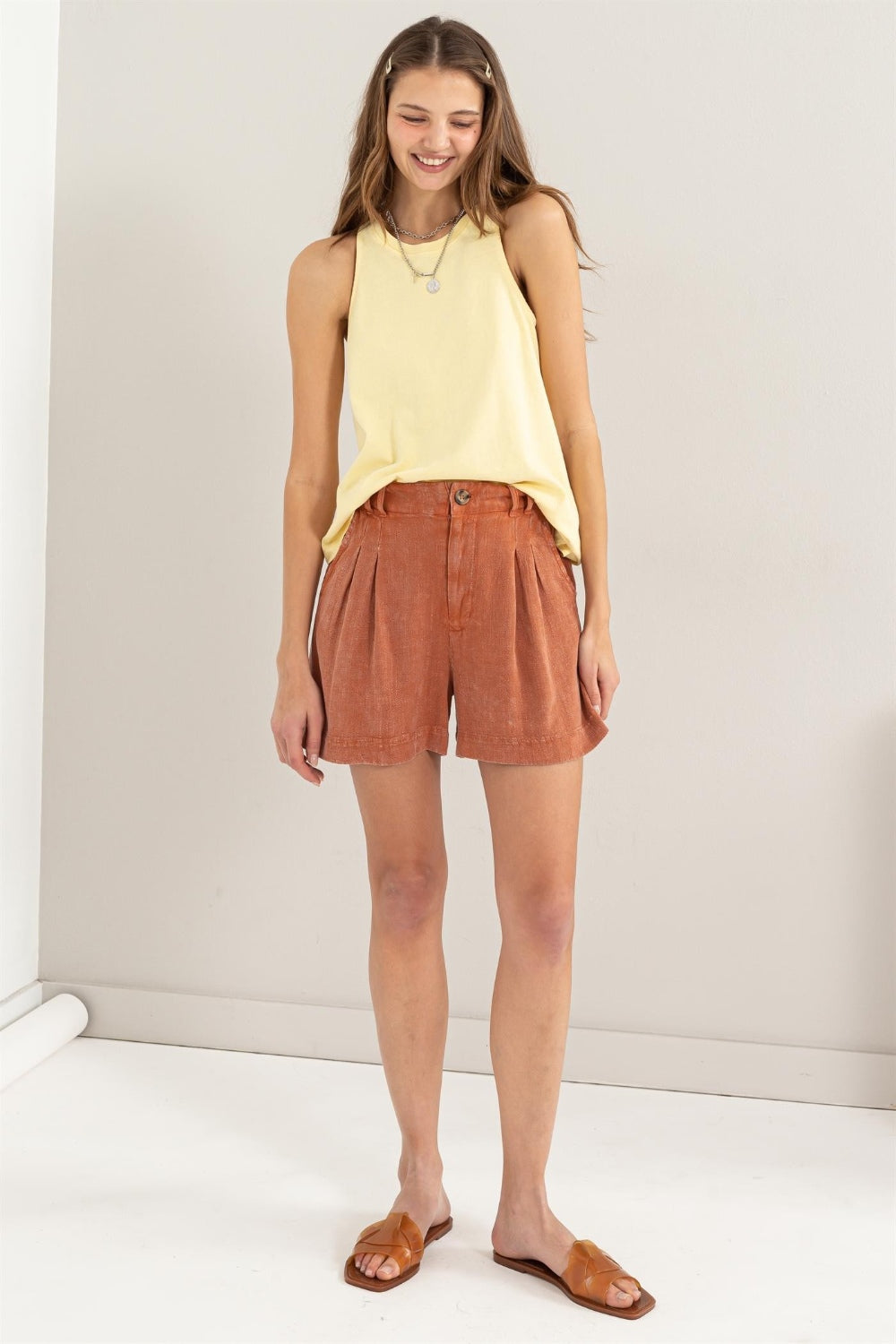 Dames Hoge Taille Plissé Linnen Shorts 3