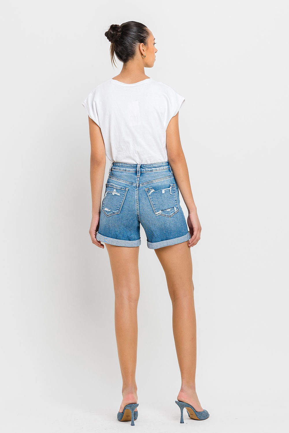 Dames Hoge Taille Rolled Cuff Shorts Denim 2
