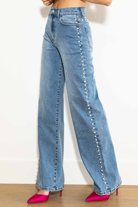 Dames Hoge Taille Wijde Jeans Met Parels Medium Stone 1