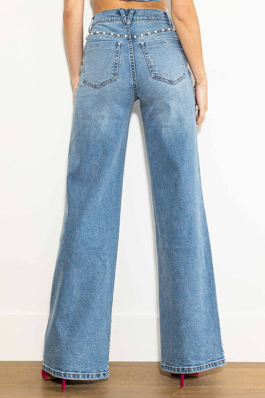 Dames Hoge Taille Wijde Jeans Met Parels Medium Stone 2