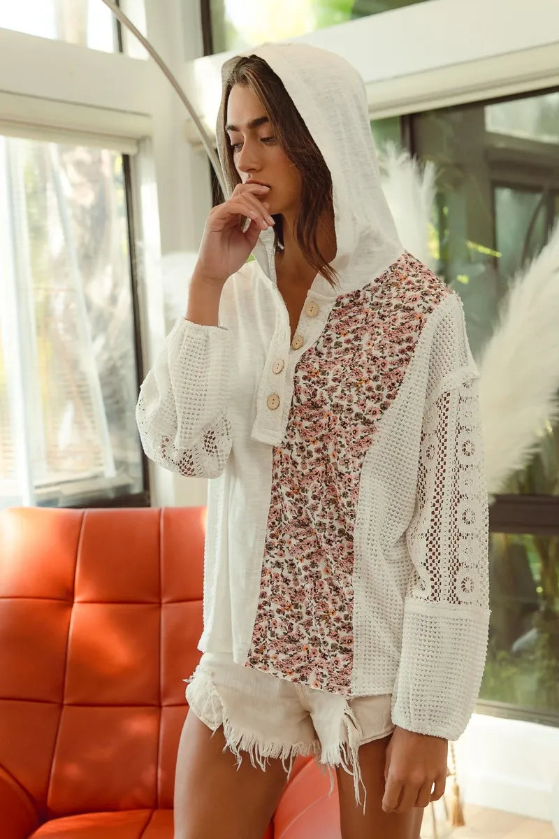 Dames Hoodie Top Knoop Kant Slub Jersey 4