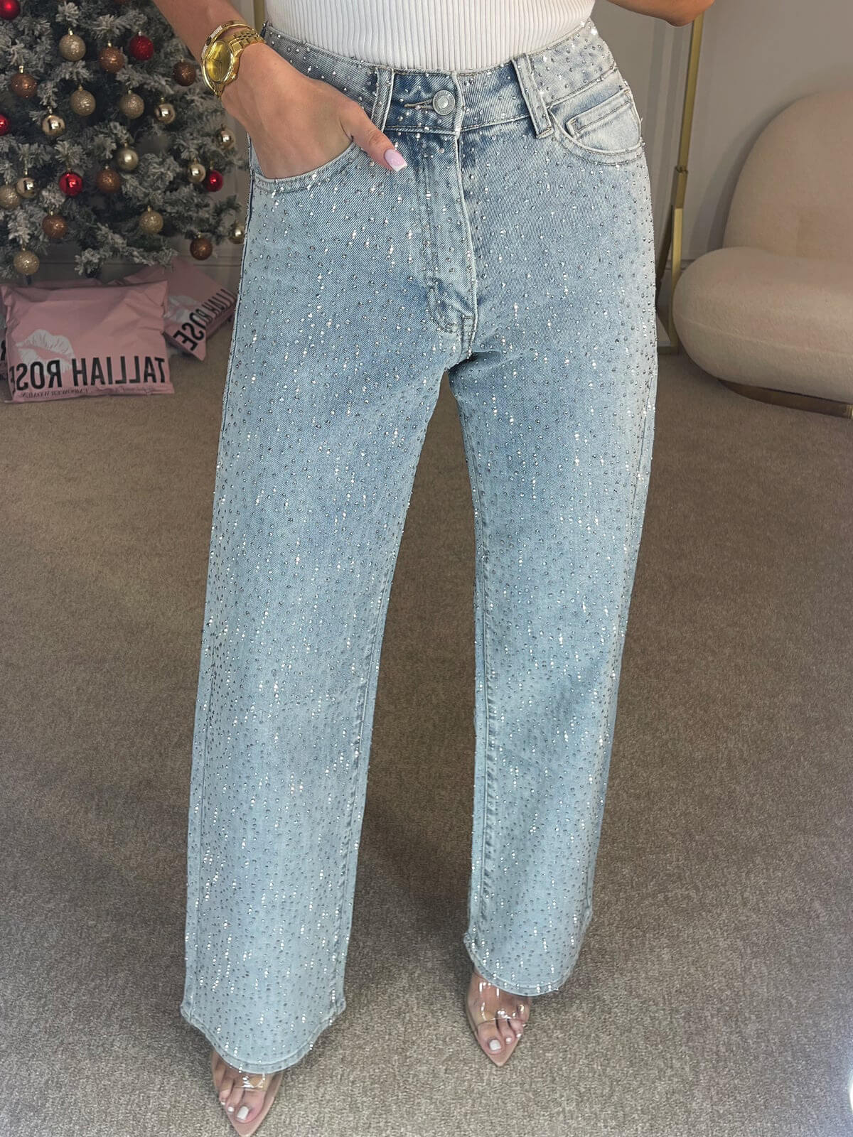 Dames Jeans High Waist Met Glinsterende Details 4