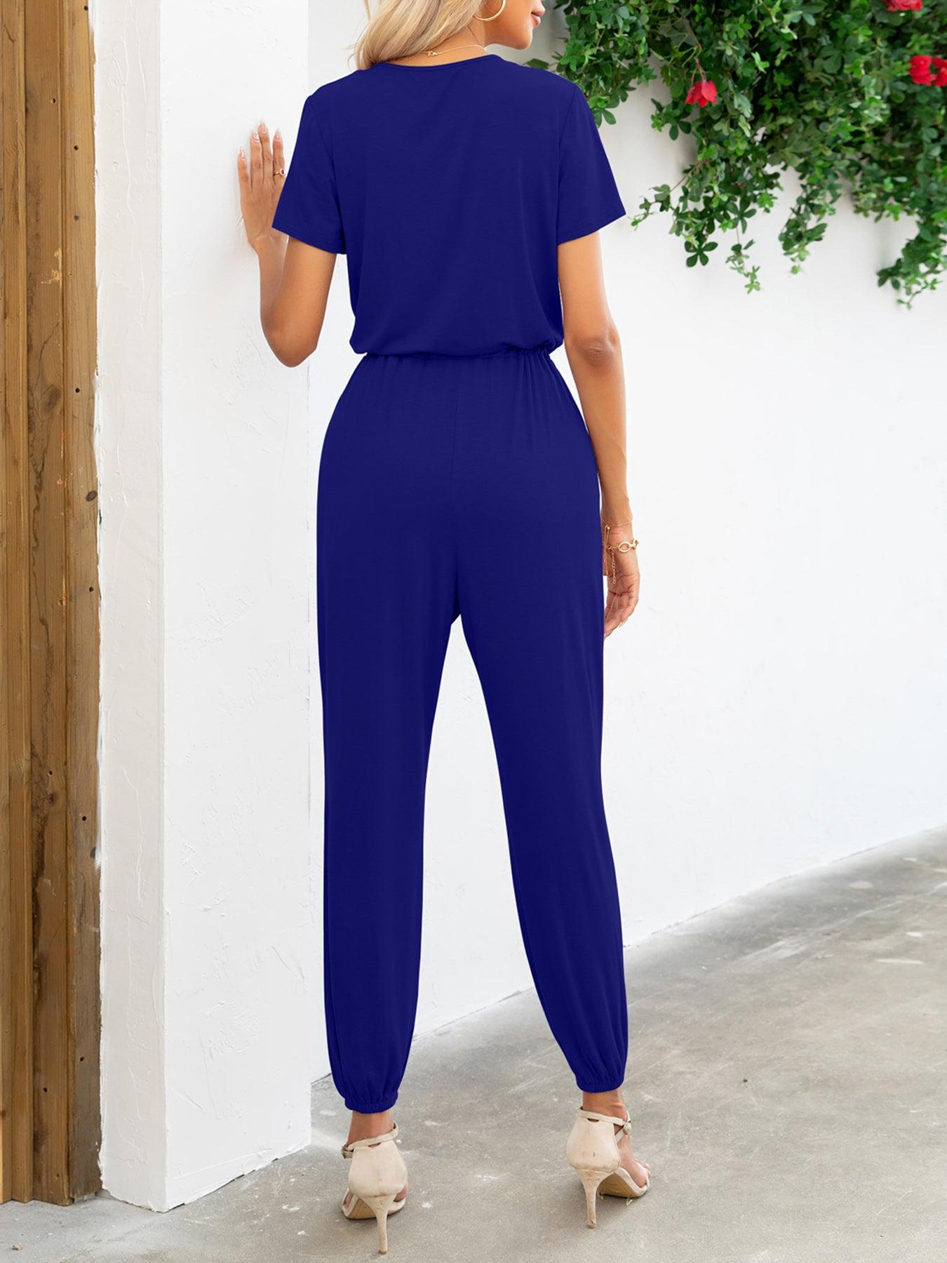 Dames Jumpsuit met Korte Mouwen V-Hals en Zakken 8