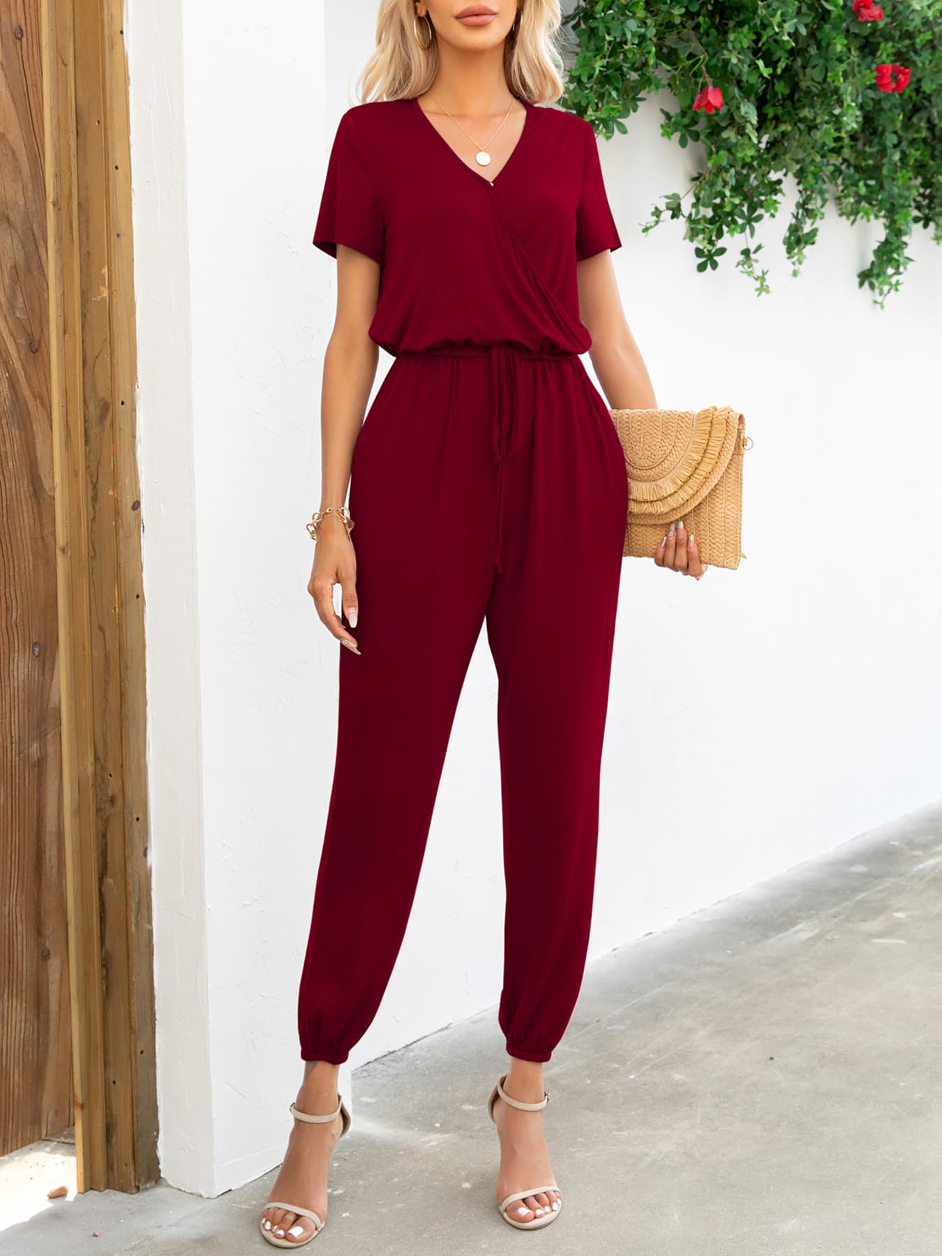 Dames Jumpsuit met Korte Mouwen V-Hals en Zakken 9