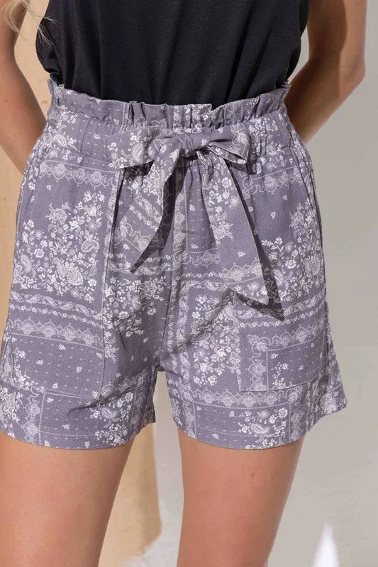 Dames Korte Broek Boho Print Linnen Met Paperbag Taille 7