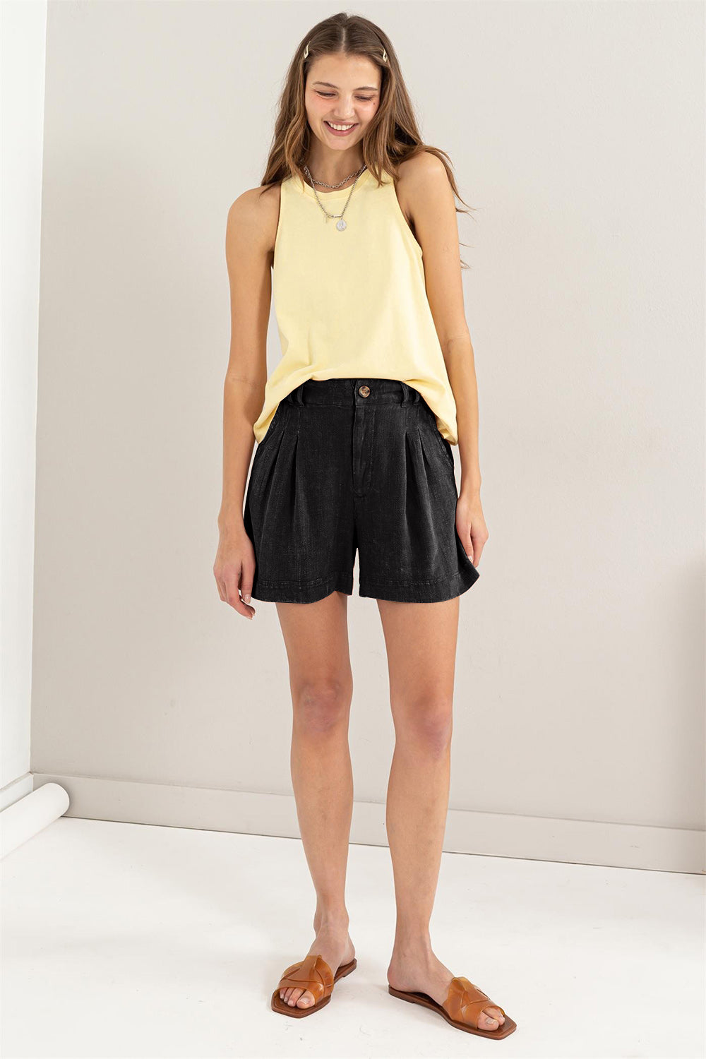 Dames Korte Broek Plissé Hoge Taille Linnen 3