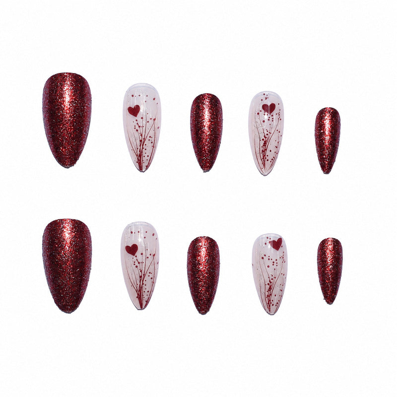 Dames Kunstnagels met Glitter en Hart Motief 4