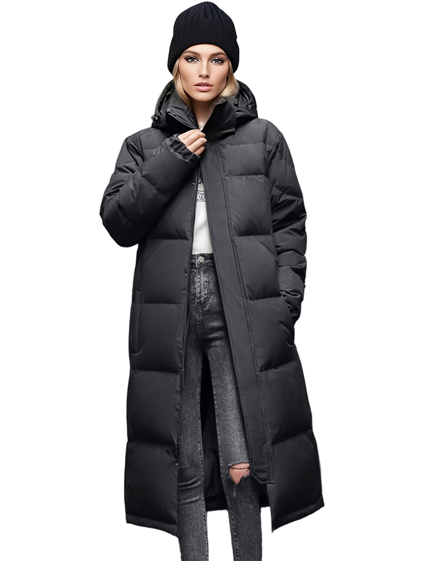 Dames Lange Gewatteerde Jas met Capuchon - Oversized Pasvorm 0